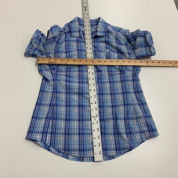 Mountain Hardwear Plaid Shirt Womens S Small Blue Nylon Blend Hidden Button Up - Picture 6 of 12